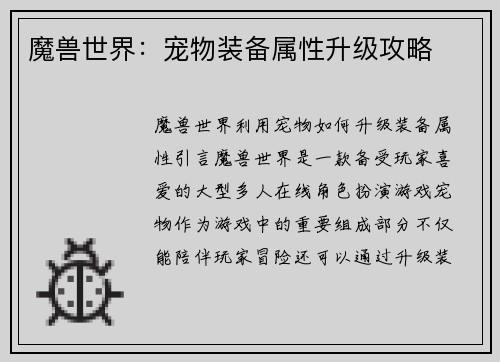 魔兽世界：宠物装备属性升级攻略